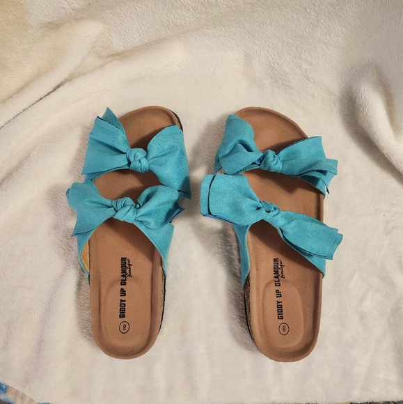 Teal Bow Slide on Sandals Size 8 - Picture 3 of 4